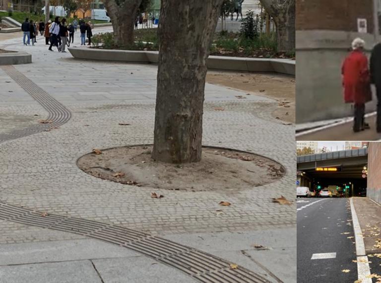 Imagen principal con vista de un encaminamiento tactovisual que gira, haciendo una curva para esquivar un árbol y terminando un poco más adelante contra una jardinera que acoge a otro árbol. En el lateral superior, imagen de carril bici lleno de peatones transitando entre un ciclista. Y por último imagen inferor derecha de peatón por carril bici en zona dónde la alternativa peatonal implica un gran rodeo.