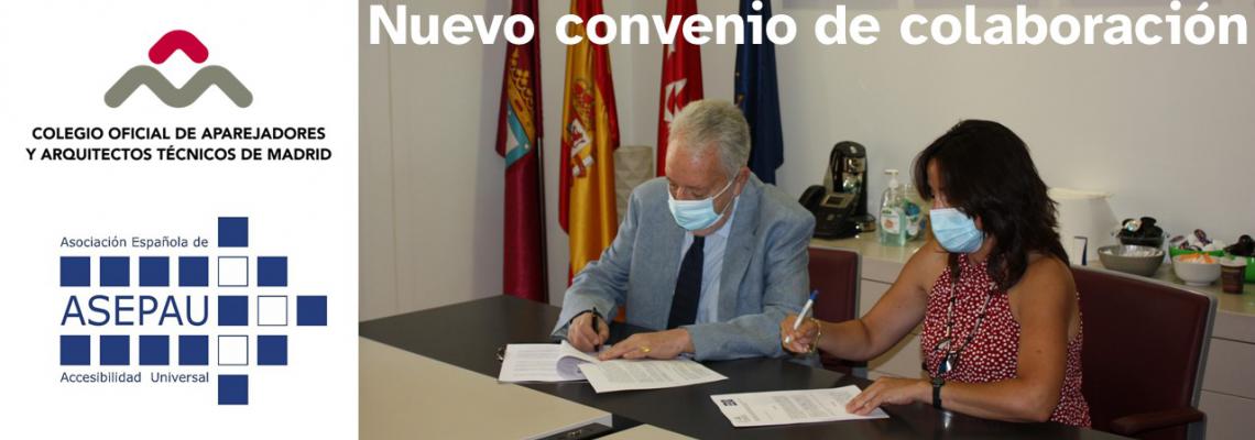 Logos de ASEPAU y Colegio de Aparejadores de Madrid más foto de la firma de los dos presidentes sobre mecha de despacho