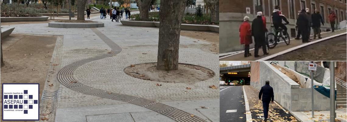 Imagen principal con vista de un encaminamiento tactovisual que gira, haciendo una curva para esquivar un árbol y terminando un poco más adelante contra una jardinera que acoge a otro árbol. En el lateral superior, imagen de carril bici lleno de peatones transitando entre un ciclista. Y por último imagen inferor derecha de peatón por carril bici en zona dónde la alternativa peatonal implica un gran rodeo.