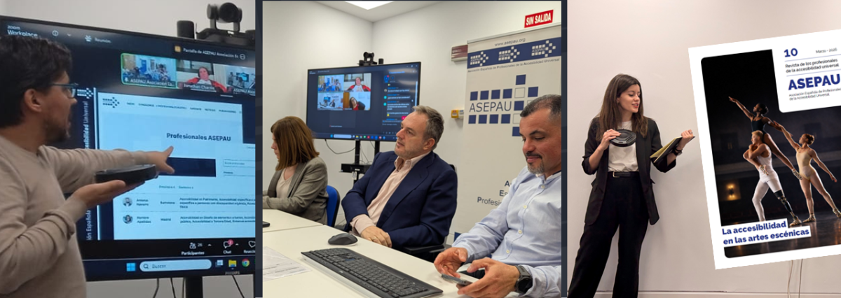 triple imagen en la que se ve a la izquierda a un hombre señalando en una pantalla, en la parte central tres personas tras una mesa, y a la derecha una mujer hablando en pie con la portada de una revista sobreimpresa